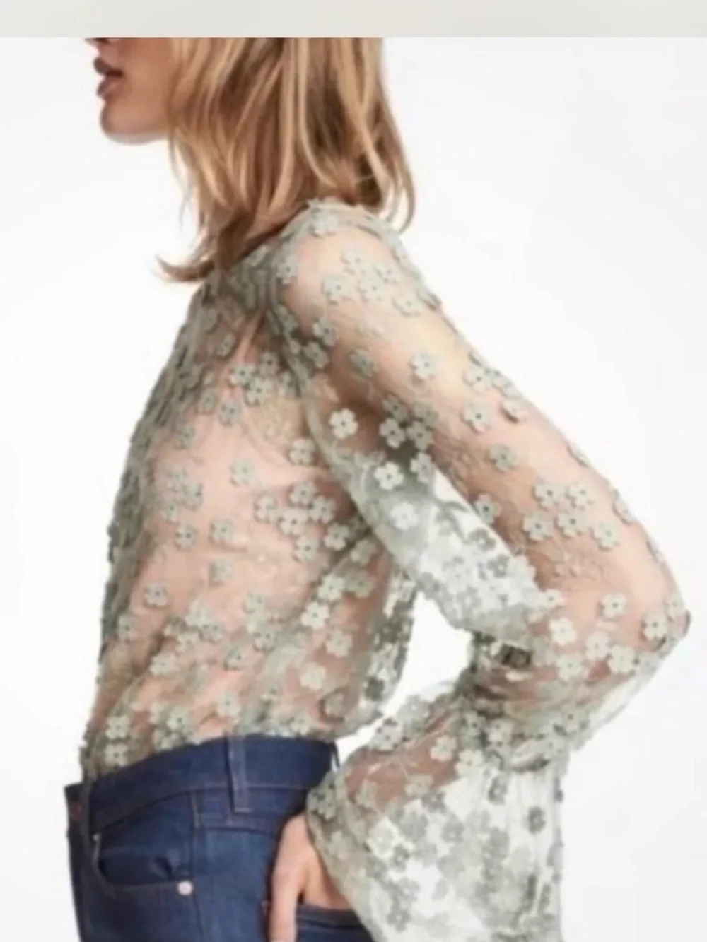 H&M Sage Green Sheer Floral Lace Long-Sleeve Blouse Size US 4